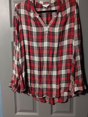 Time and Tru Red, White and Gray Plaid Button-Up Top